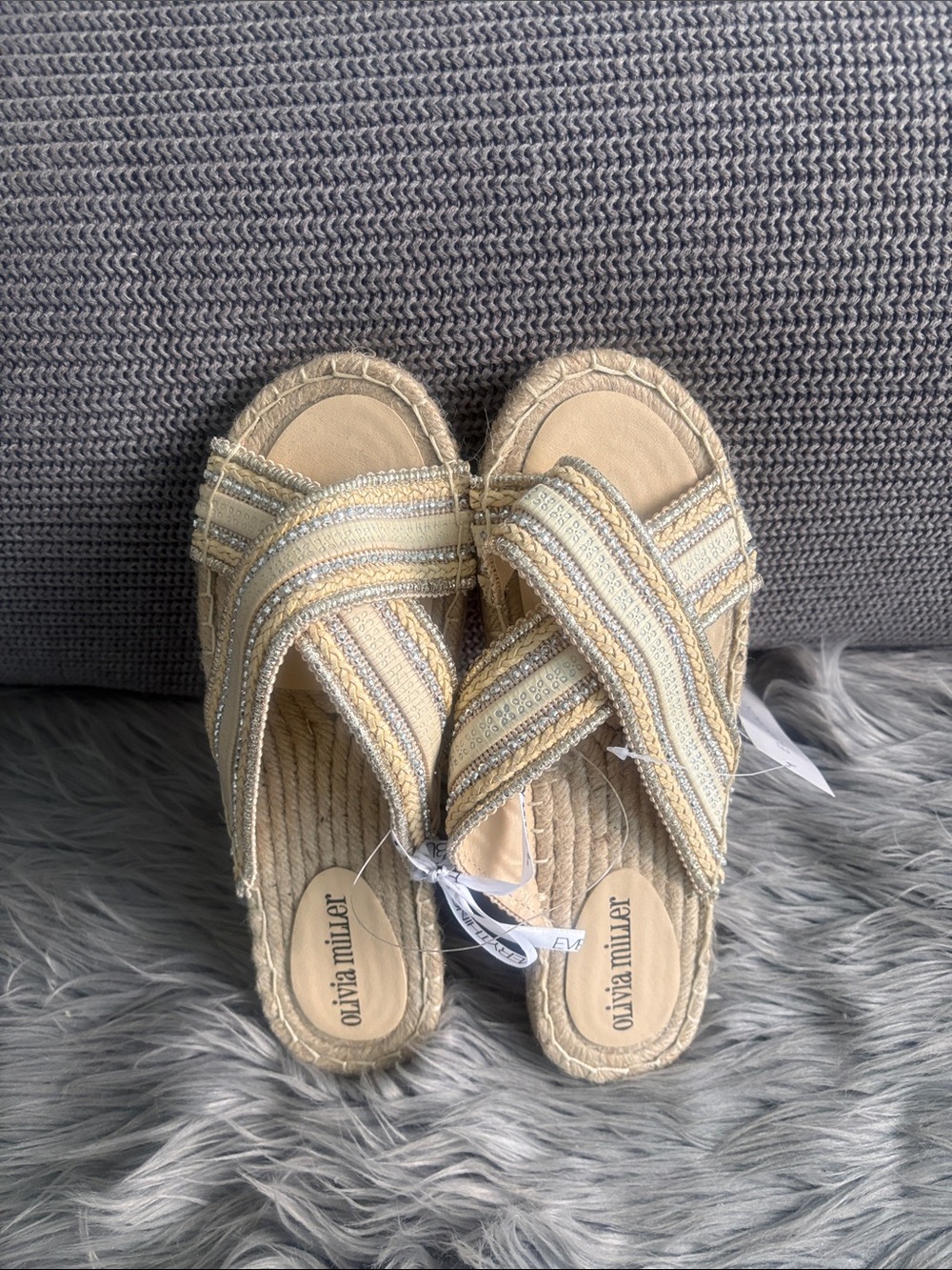 Olivia Miller Crisscross Beaded Espadrille Slides - Beige